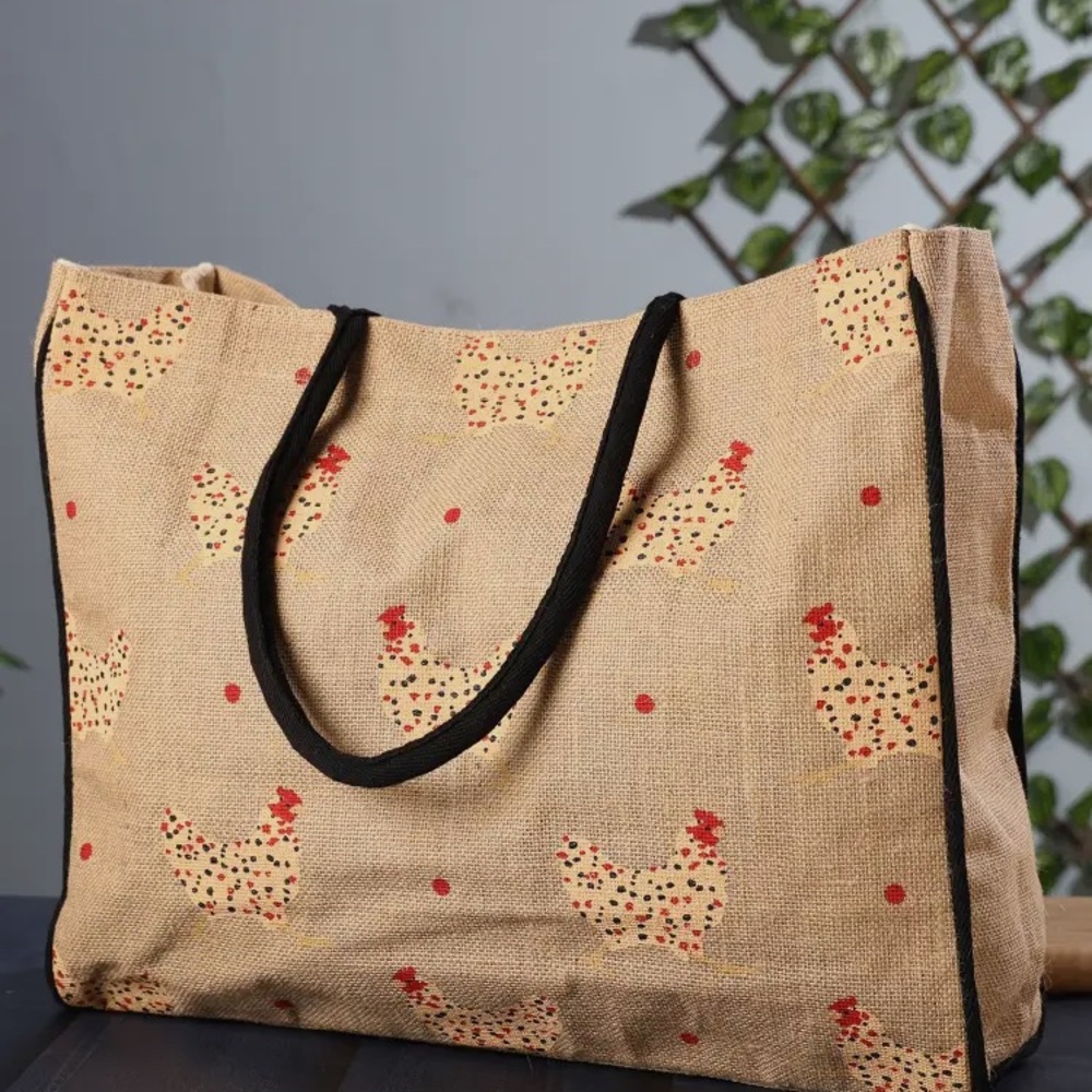 🚨LAST ONE🚨Burlap Chicken Print Lined Tote Bag